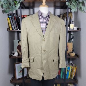 Andrew Fezza Mens Sport Coat Blazer Three Button Beige Herringbone Silk Size 42R